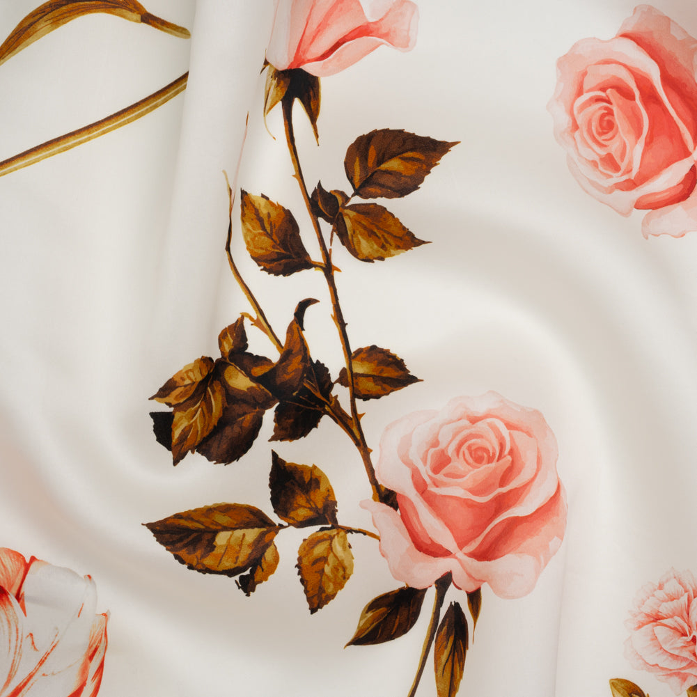 Heavy Silk Satin-Faced Organza, Made in Italy - Pink, White and Green Scattered Tulips and Roses