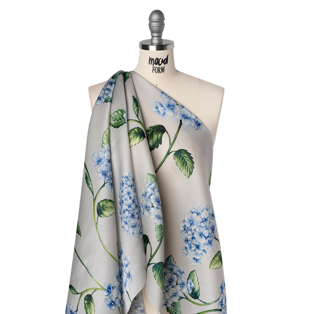 Heavy Silk Satin-Faced Organza, Made in Italy - Pale Gray, Blue and Green Hydrangeas - Drape