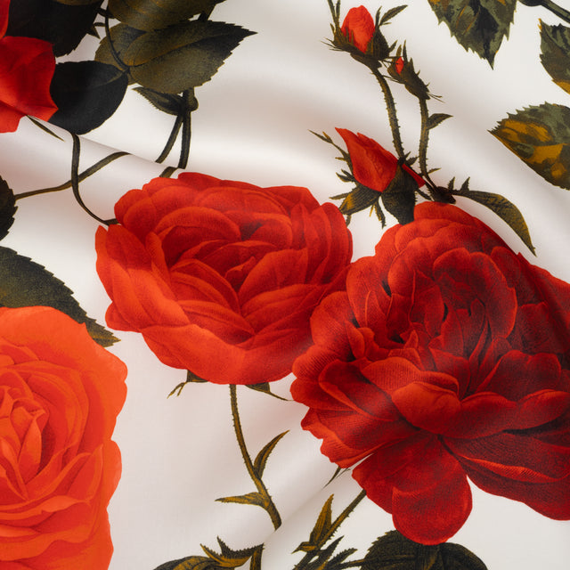 Heavy Silk Satin-Faced Organza, Made in Italy - White, Red and Olive Green Roses and Stems