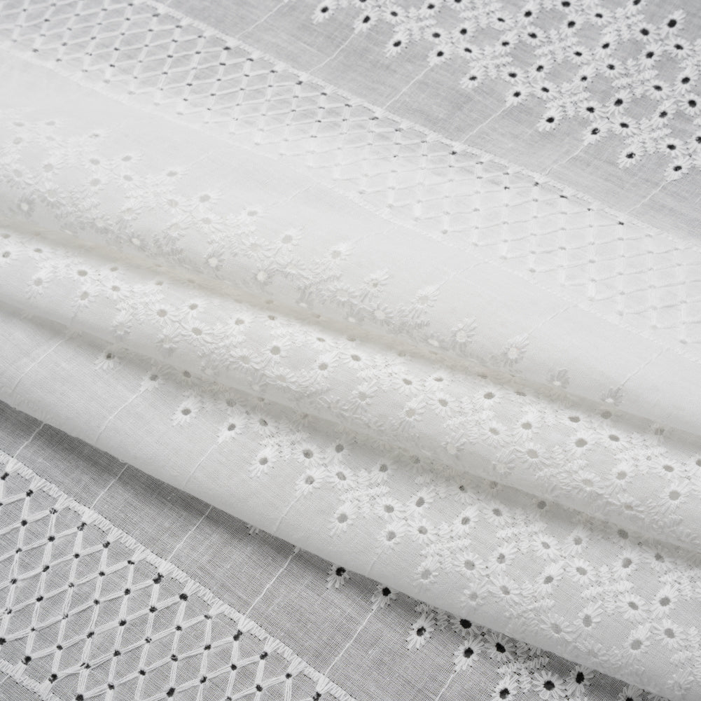 Embroidered Eyelet Cotton Voile - White Lattice and Floral Stripes - Naomi Collection - Folded