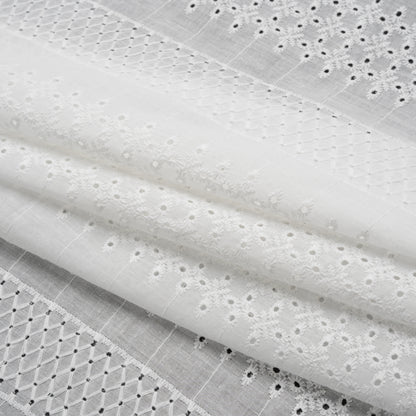 Embroidered Eyelet Cotton Voile - White Lattice and Floral Stripes - Naomi Collection