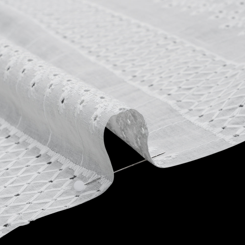Embroidered Eyelet Cotton Voile - White Lattice and Floral Stripes - Naomi Collection - Detail