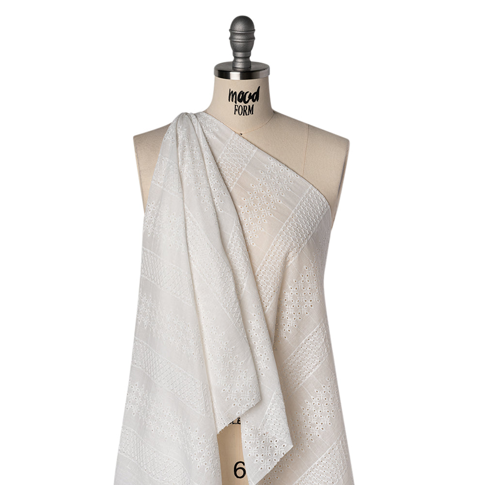 Embroidered Eyelet Cotton Voile - White Lattice and Floral Stripes - Naomi Collection - Drape