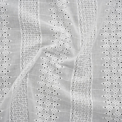 Embroidered Eyelet Cotton Voile - White Lattice and Floral Stripes - Naomi Collection