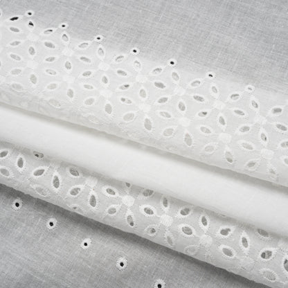Embroidered Eyelet Cotton Voile - White Floral and Dot Stripes with Scalloped Border - Naomi Collection