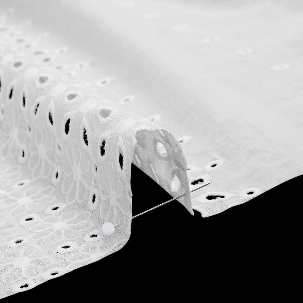 Embroidered Eyelet Cotton Voile - White Floral and Dot Stripes with Scalloped Border - Naomi Collection - Detail