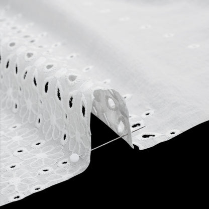 Embroidered Eyelet Cotton Voile - White Floral and Dot Stripes with Scalloped Border - Naomi Collection