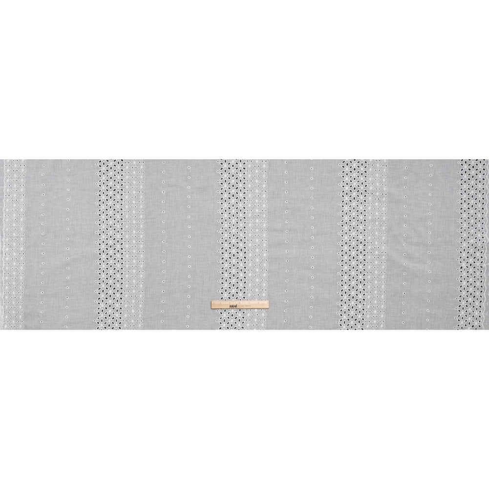 Embroidered Eyelet Cotton Voile - White Floral and Dot Stripes with Scalloped Border - Naomi Collection - Full