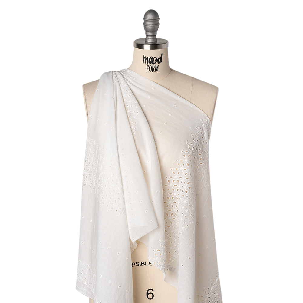 Embroidered Eyelet Cotton Voile - White Floral and Dot Stripes with Scalloped Border - Naomi Collection - Drape
