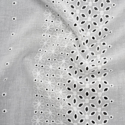 Embroidered Eyelet Cotton Voile - White Floral and Dot Stripes with Scalloped Border - Naomi Collection