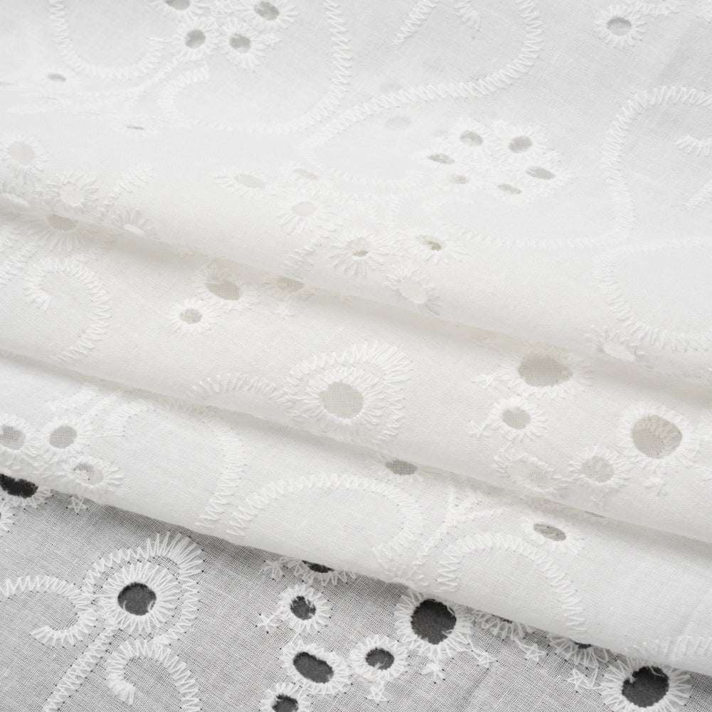 Embroidered Eyelet Cotton Voile - White Flowers and Swirls with Scalloped Borders - Naomi Collection - Folded