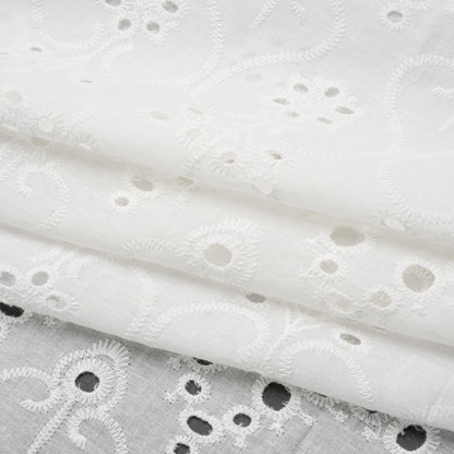 Embroidered Eyelet Cotton Voile - White Flowers and Swirls with Scalloped Borders - Naomi Collection