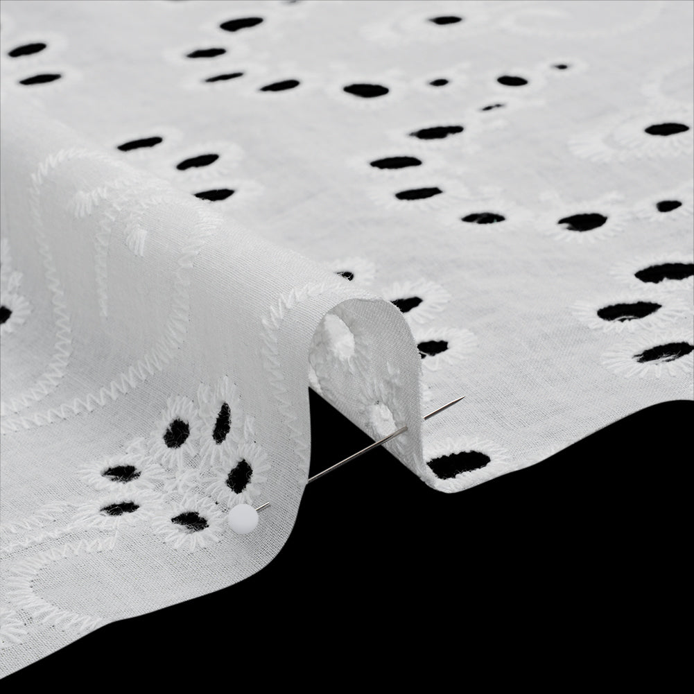 Embroidered Eyelet Cotton Voile - White Flowers and Swirls with Scalloped Borders - Naomi Collection - Detail