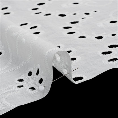 Embroidered Eyelet Cotton Voile - White Flowers and Swirls with Scalloped Borders - Naomi Collection