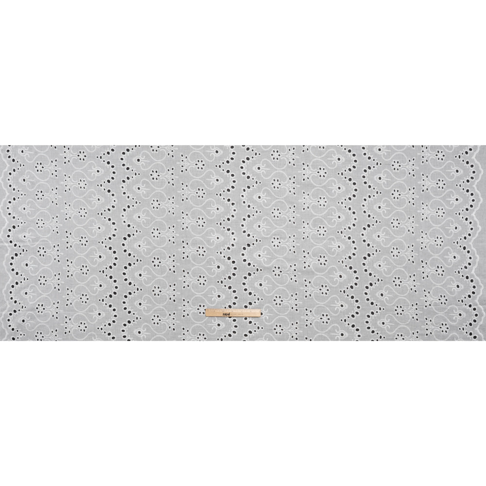 Embroidered Eyelet Cotton Voile - White Flowers and Swirls with Scalloped Borders - Naomi Collection - Full