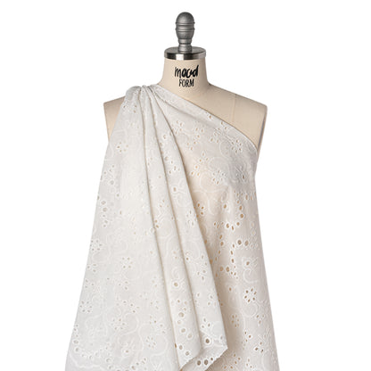 Embroidered Eyelet Cotton Voile - White Flowers and Swirls with Scalloped Borders - Naomi Collection