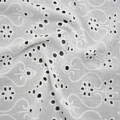 Embroidered Eyelet Cotton Voile - White Flowers and Swirls with Scalloped Borders - Naomi Collection