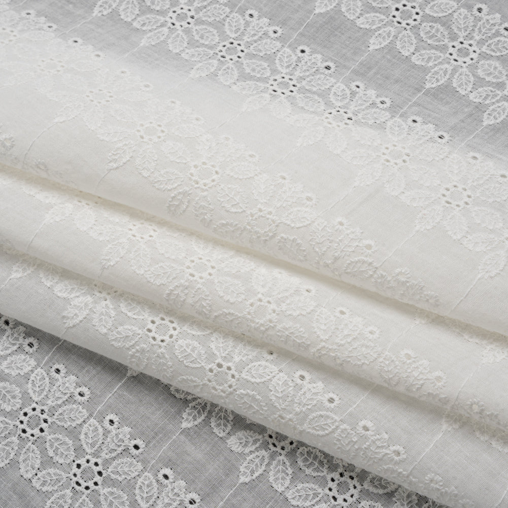 Embroidered Eyelet Cotton Voile - White Flower Wreath Stripes - Naomi Collection - Folded