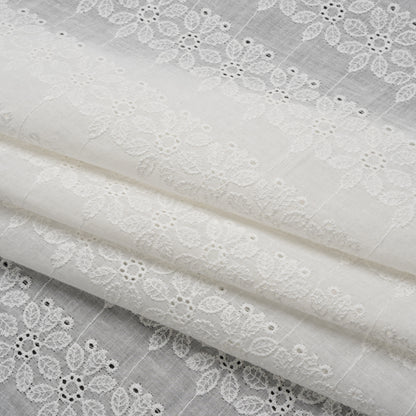 Embroidered Eyelet Cotton Voile - White Flower Wreath Stripes - Naomi Collection