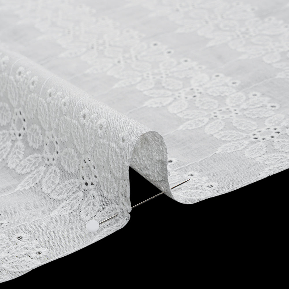 Embroidered Eyelet Cotton Voile - White Flower Wreath Stripes - Naomi Collection - Detail