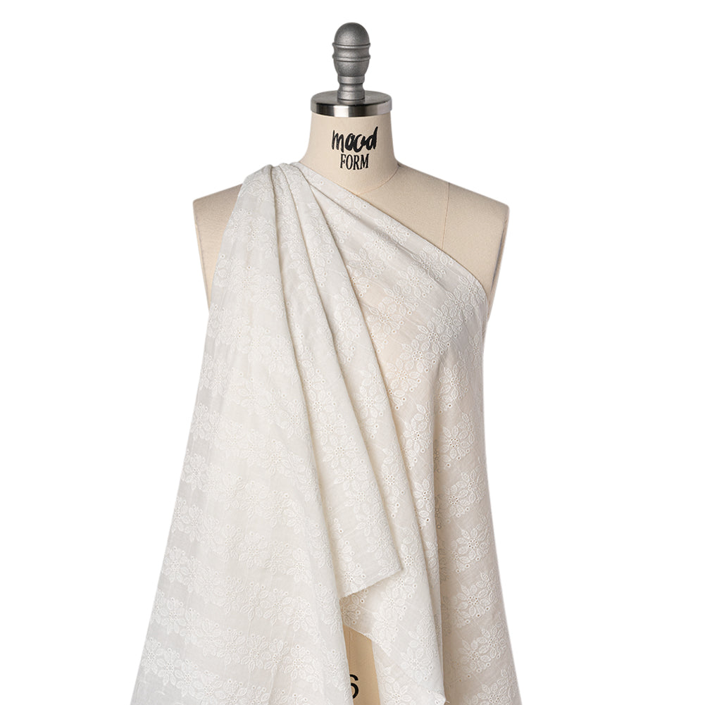 Embroidered Eyelet Cotton Voile - White Flower Wreath Stripes - Naomi Collection - Drape