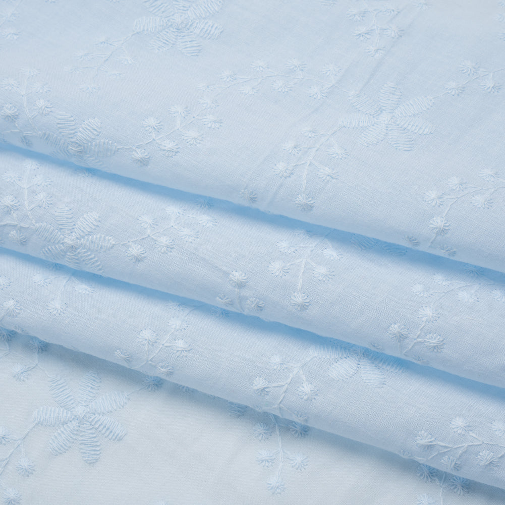 Embroidered Eyelet Cotton Voile - Pale Aqua Flowers on Branches - Naomi Collection - Folded