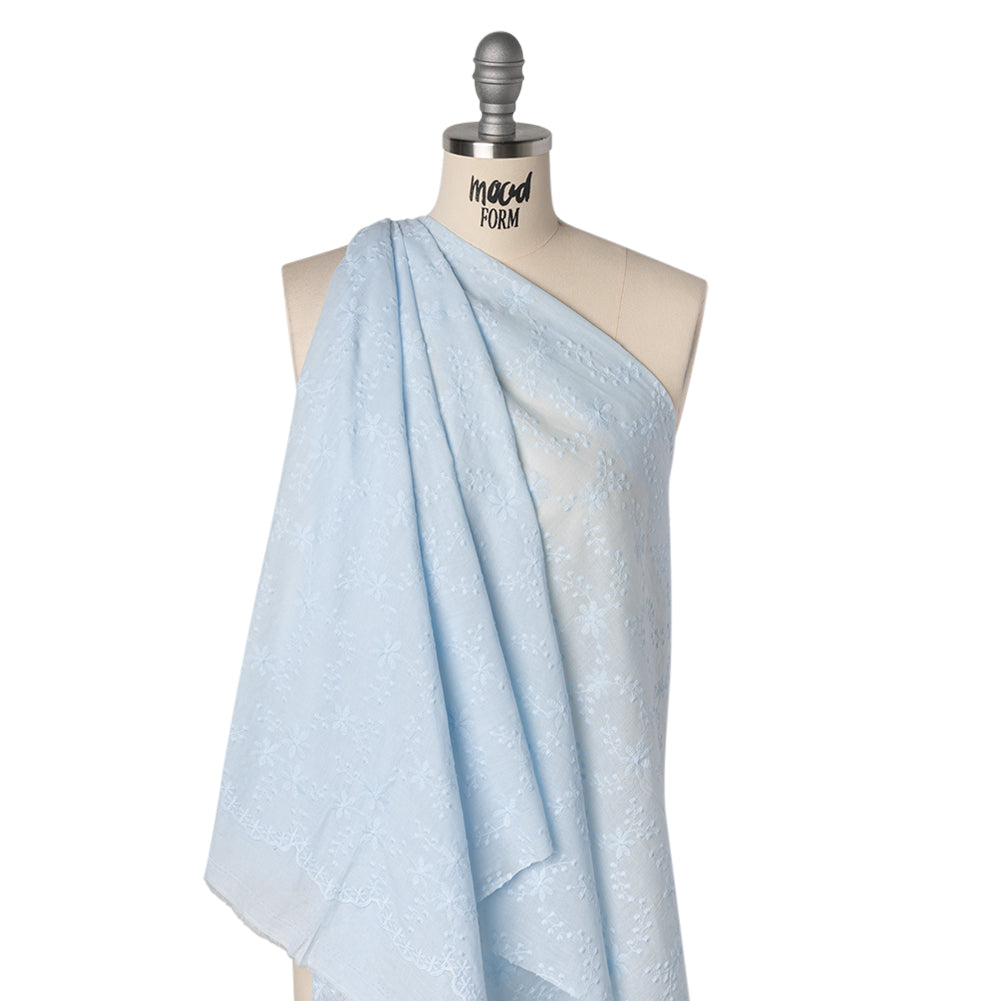 Embroidered Eyelet Cotton Voile - Pale Aqua Flowers on Branches - Naomi Collection - Drape
