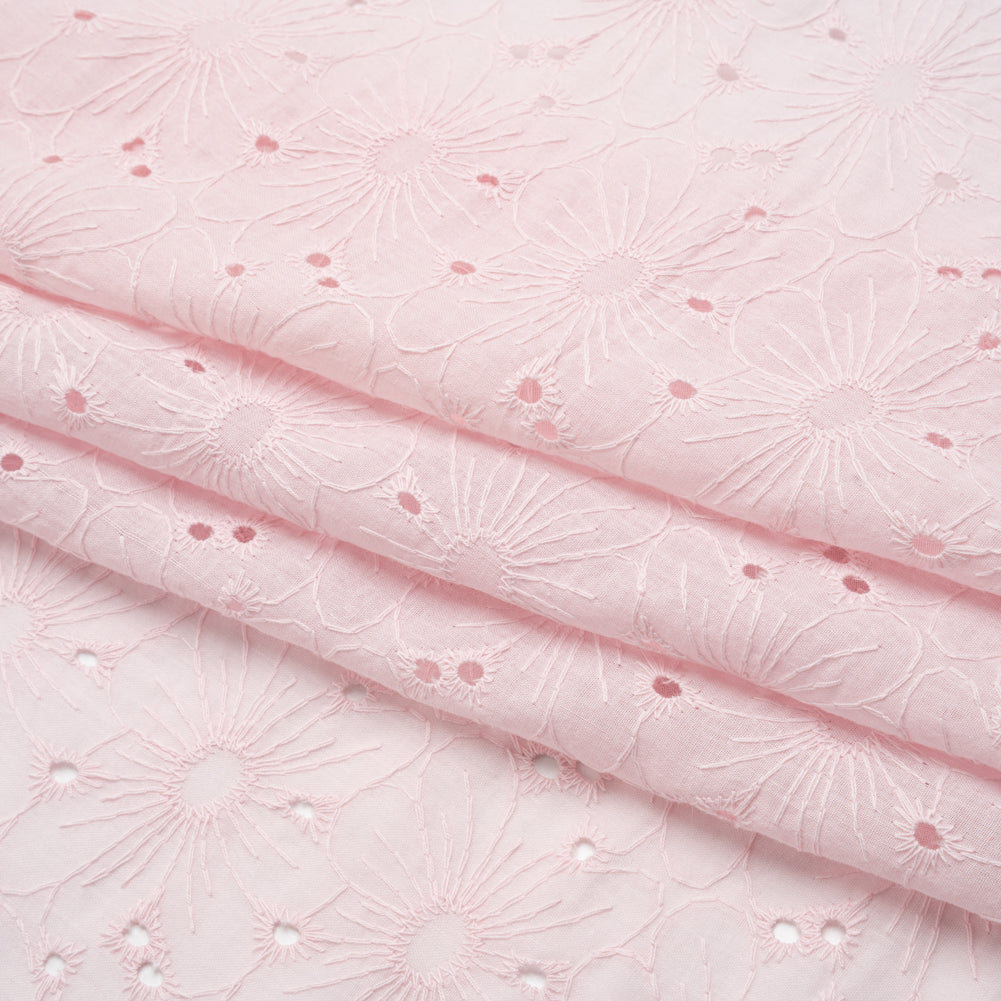 Embroidered Eyelet Cotton Voile - Baby Pink All-Over Flowers - Naomi Collection - Folded