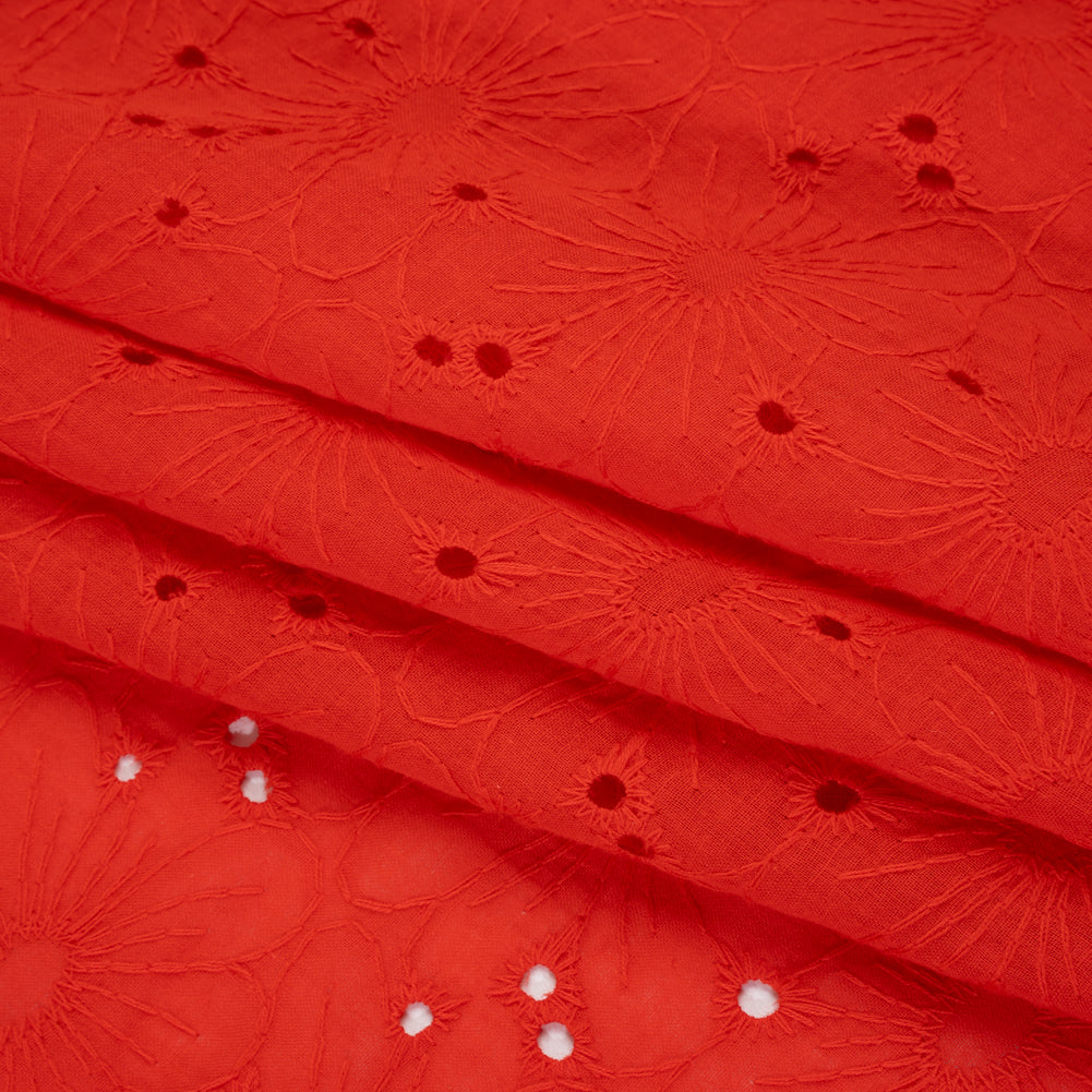 Embroidered Eyelet Cotton Voile - Red All-Over Flowers - Naomi Collection - Folded
