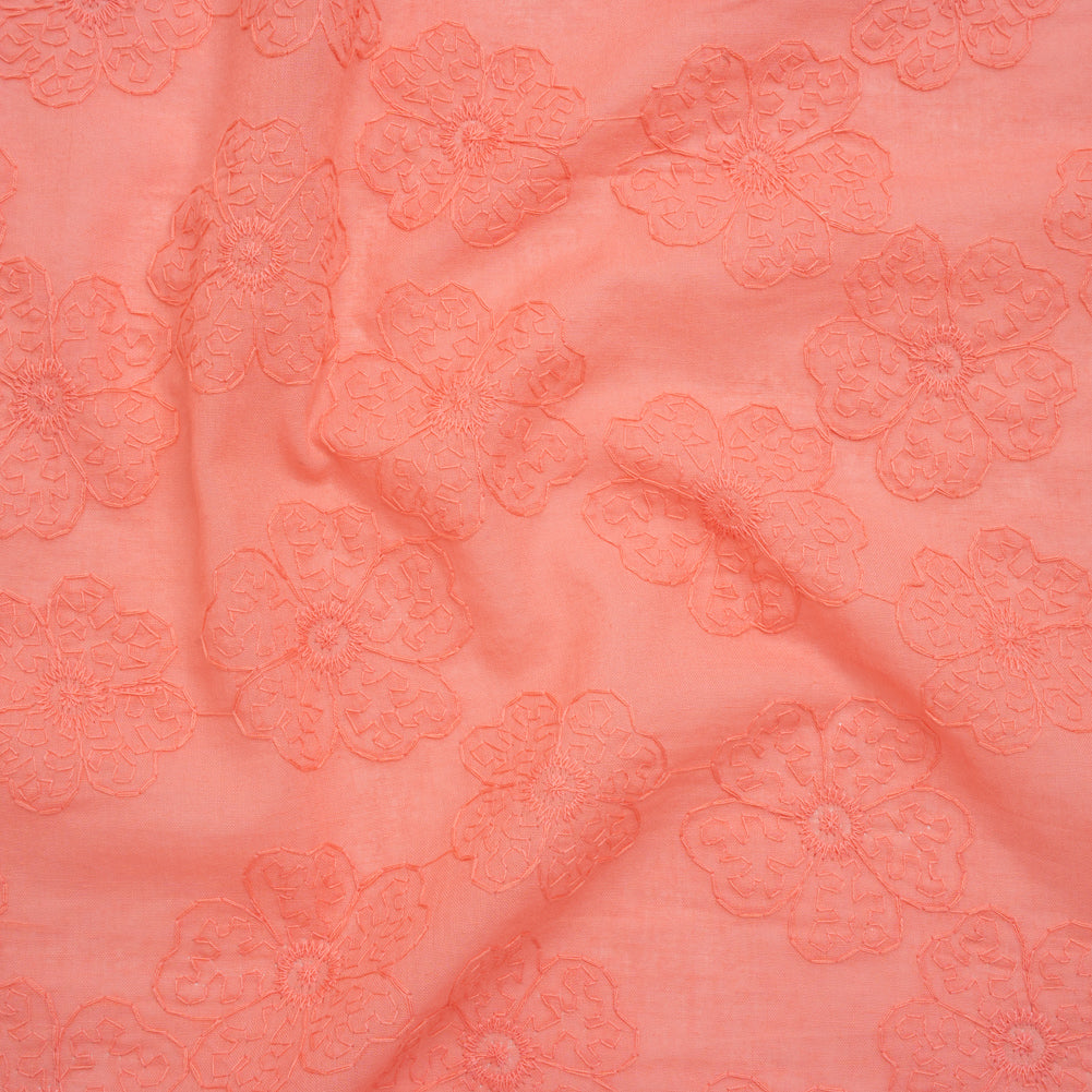 Embroidered Eyelet Cotton Voile - Warm Coral Big Tossed Flowers - Naomi Collection