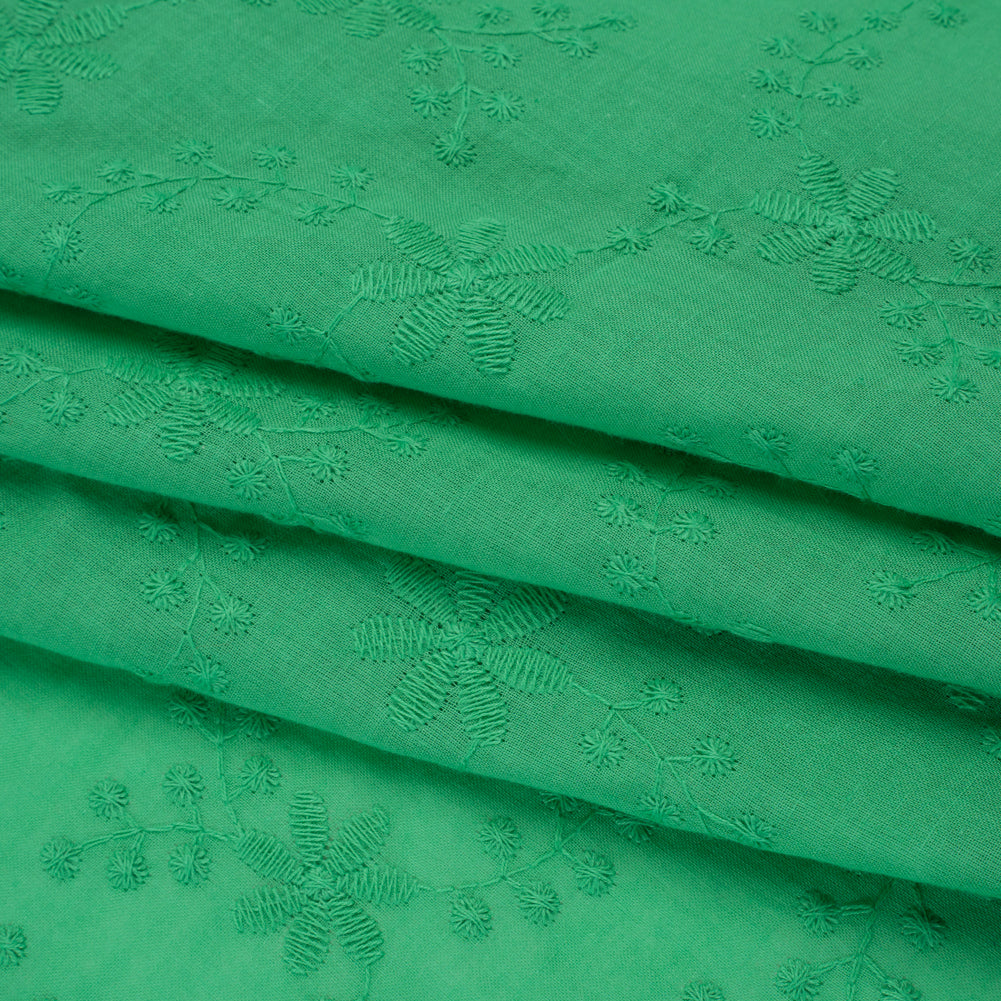 Embroidered Eyelet Cotton Voile - Ming Green Flowers on Branches - Naomi Collection - Folded