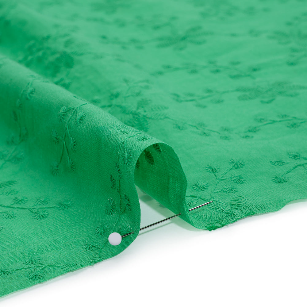 Embroidered Eyelet Cotton Voile - Ming Green Flowers on Branches - Naomi Collection - Detail