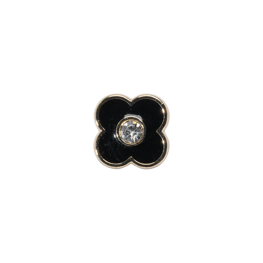 Floral Enameled Metal Shank Back Button with Rhinestone Center - 18L/11.5mm - Gold and Black