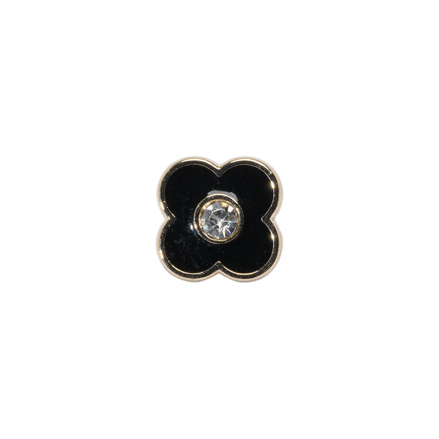 Floral Enameled Metal Shank Back Button with Rhinestone Center - 18L/11.5mm - Gold and Black