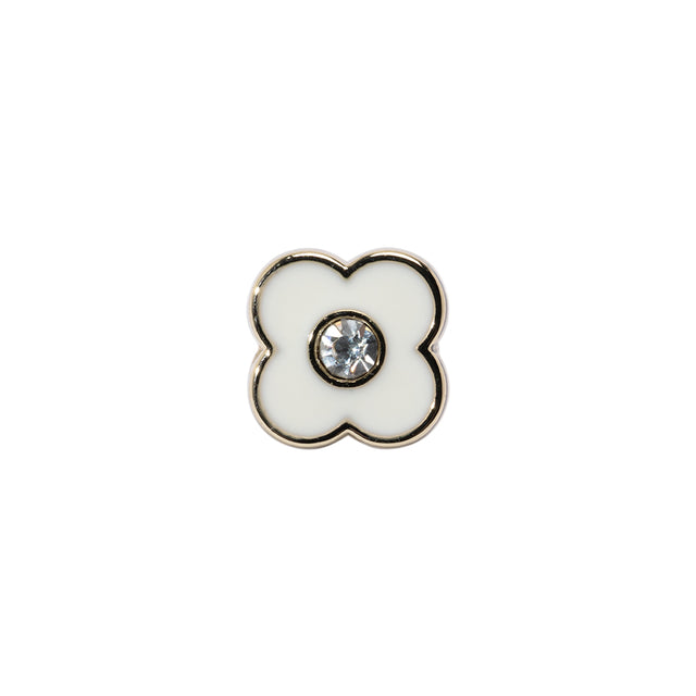 Floral Enameled Metal Shank Back Button with Rhinestone Center - 18L/11.5mm - Gold and White