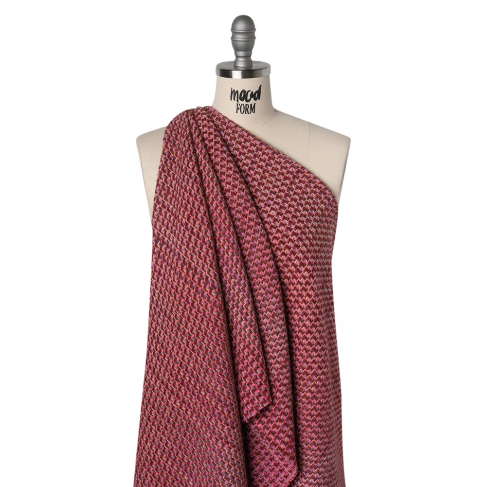 Wool Blend Tweed Twill Made in Italy - Pink, Purple and Red Zig Zags - Deadstock - Drape
