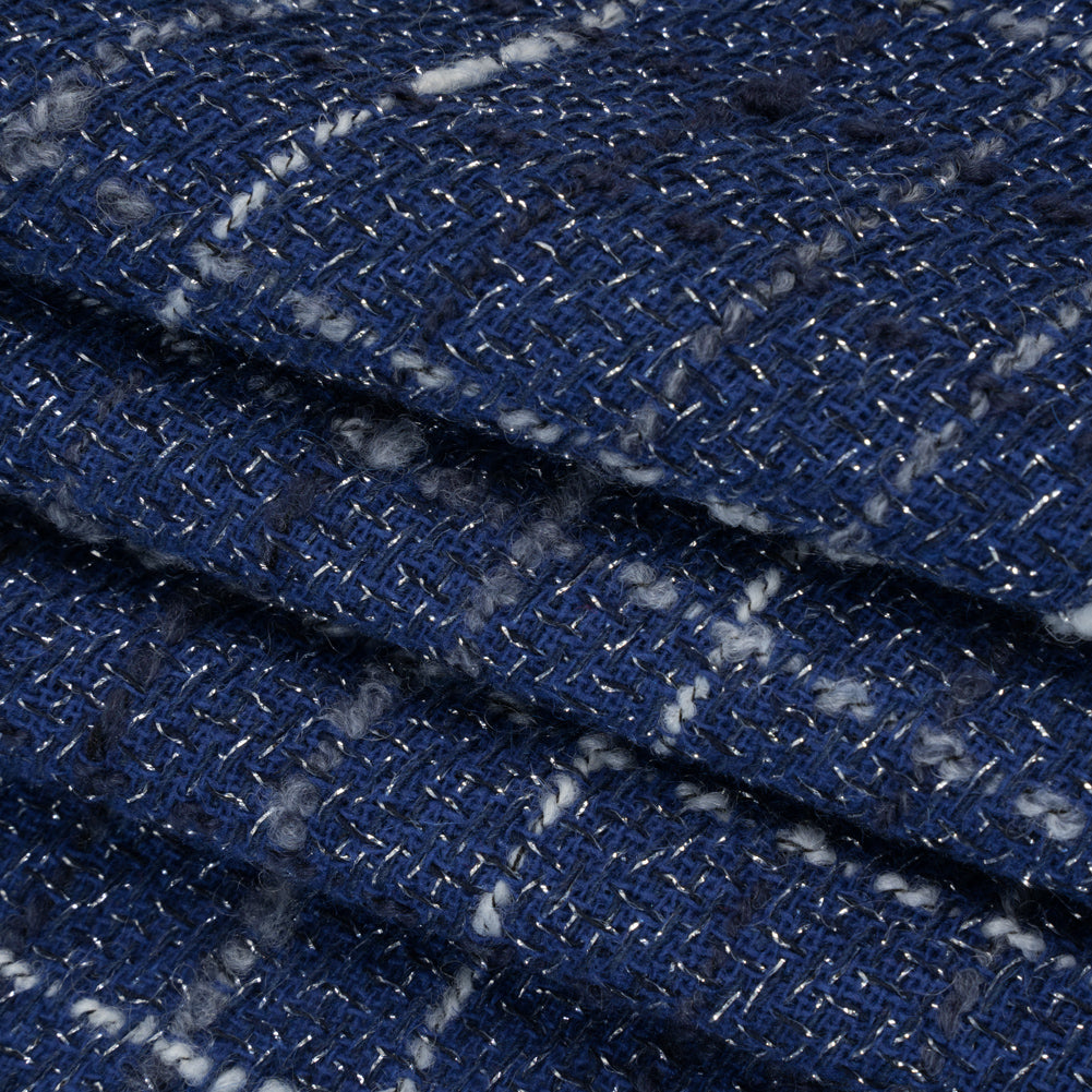 Metallic Wool Blend Tweedy Twill Boucle Made in Italy - Cobalt Blue, White and Silver Plaid - Deadstock - Folded