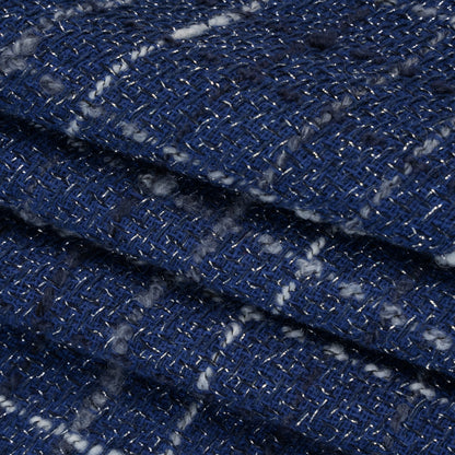 Metallic Wool Blend Tweedy Twill Boucle Made in Italy - Cobalt Blue, White and Silver Plaid - Deadstock