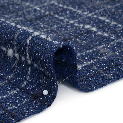 Metallic Wool Blend Tweedy Twill Boucle Made in Italy - Cobalt Blue, White and Silver Plaid - Deadstock