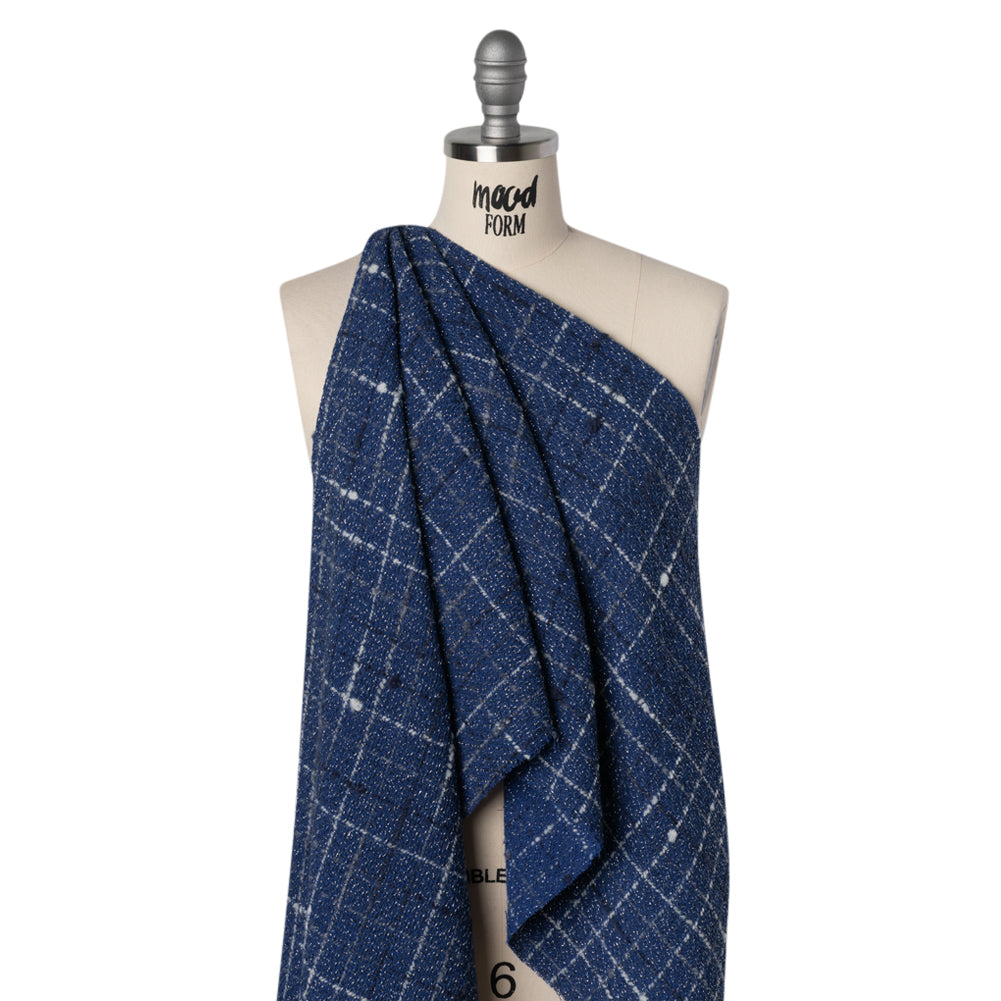 Metallic Wool Blend Tweedy Twill Boucle Made in Italy - Cobalt Blue, White and Silver Plaid - Deadstock - Drape