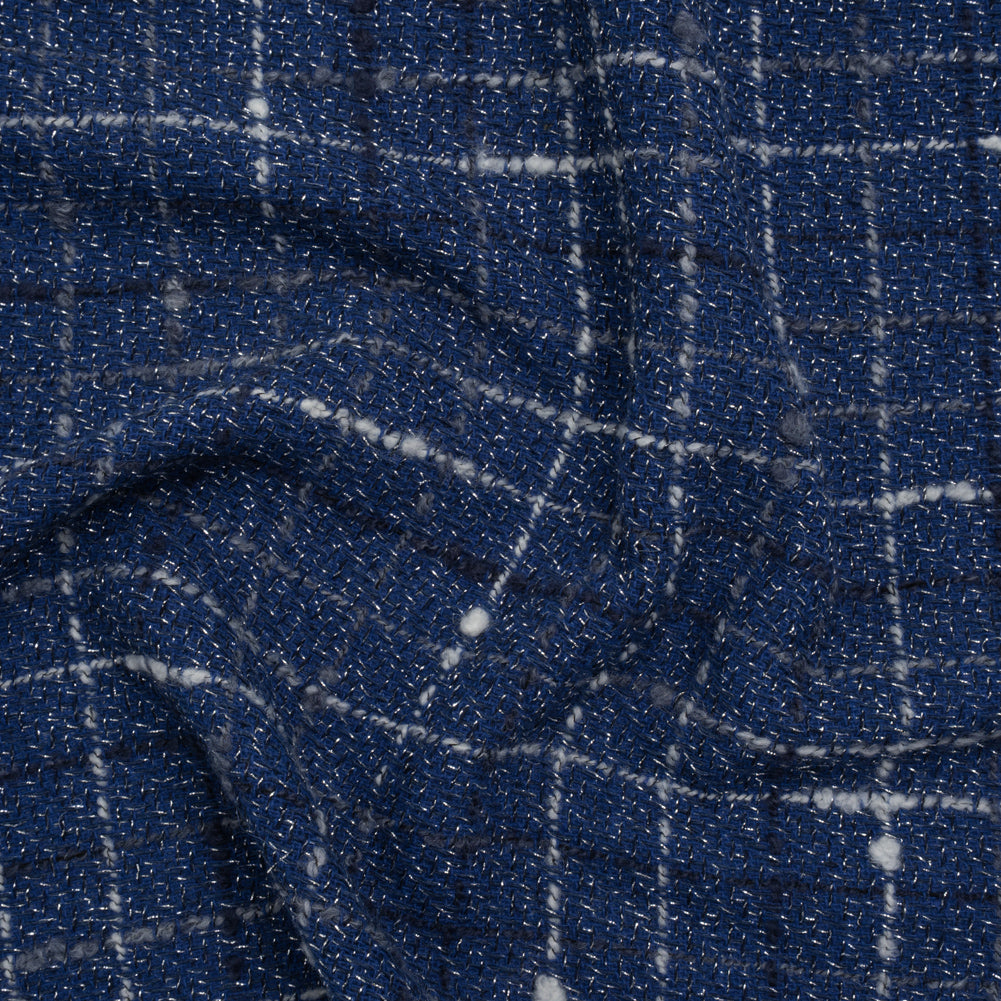 Metallic Wool Blend Tweedy Twill Boucle Made in Italy - Cobalt Blue, White and Silver Plaid - Deadstock