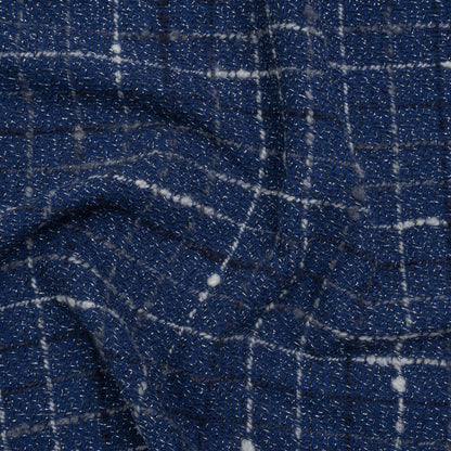 Metallic Wool Blend Tweedy Twill Boucle Made in Italy - Cobalt Blue, White and Silver Plaid - Deadstock