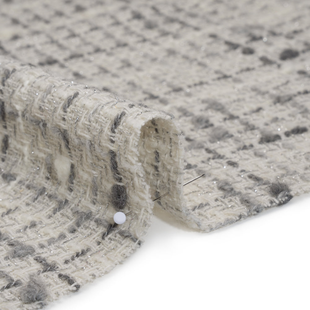 Metallic Wool Blend Boucle Tweed Made in Italy - Ivory, Gray and Silver Plaid - Deadstock - Detail
