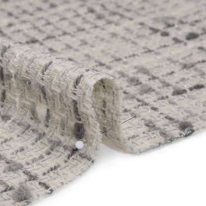Metallic Wool Blend Boucle Tweed Made in Italy - Ivory, Gray and Silver Plaid - Deadstock