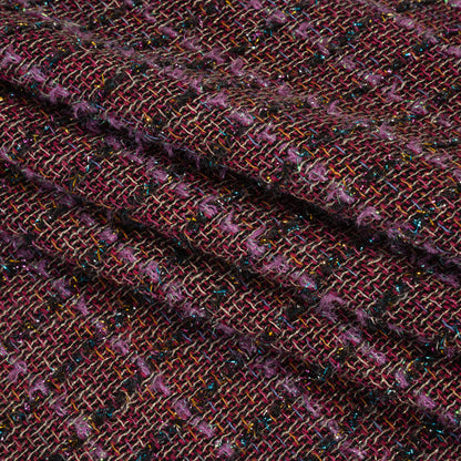 Metallic Wool Blend Tweed Woven with Eyelash Fringe Made in Italy - Purple, Black and Pink Checks - Deadstock