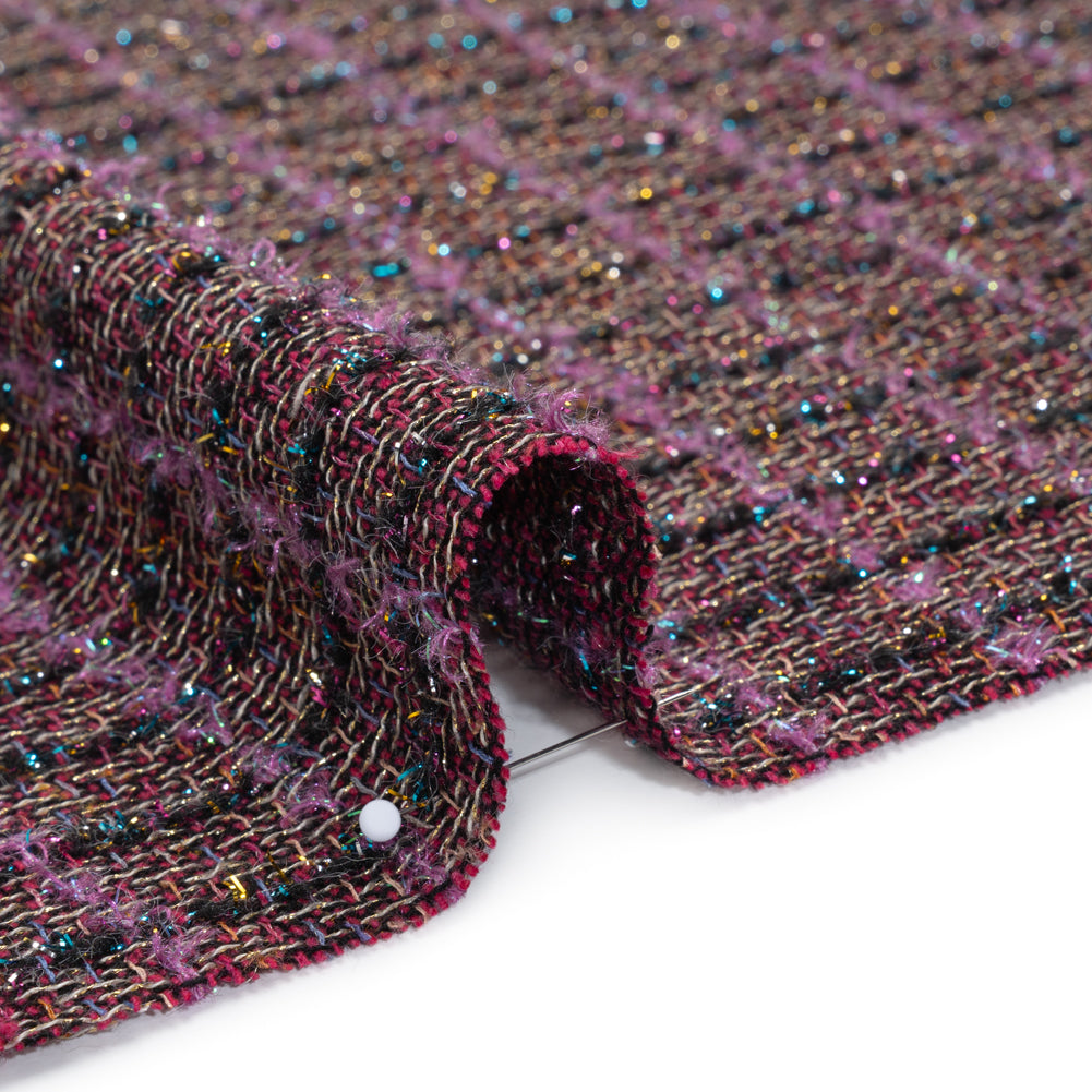 Metallic Wool Blend Tweed Woven with Eyelash Fringe Made in Italy - Purple, Black and Pink Checks - Deadstock - Detail