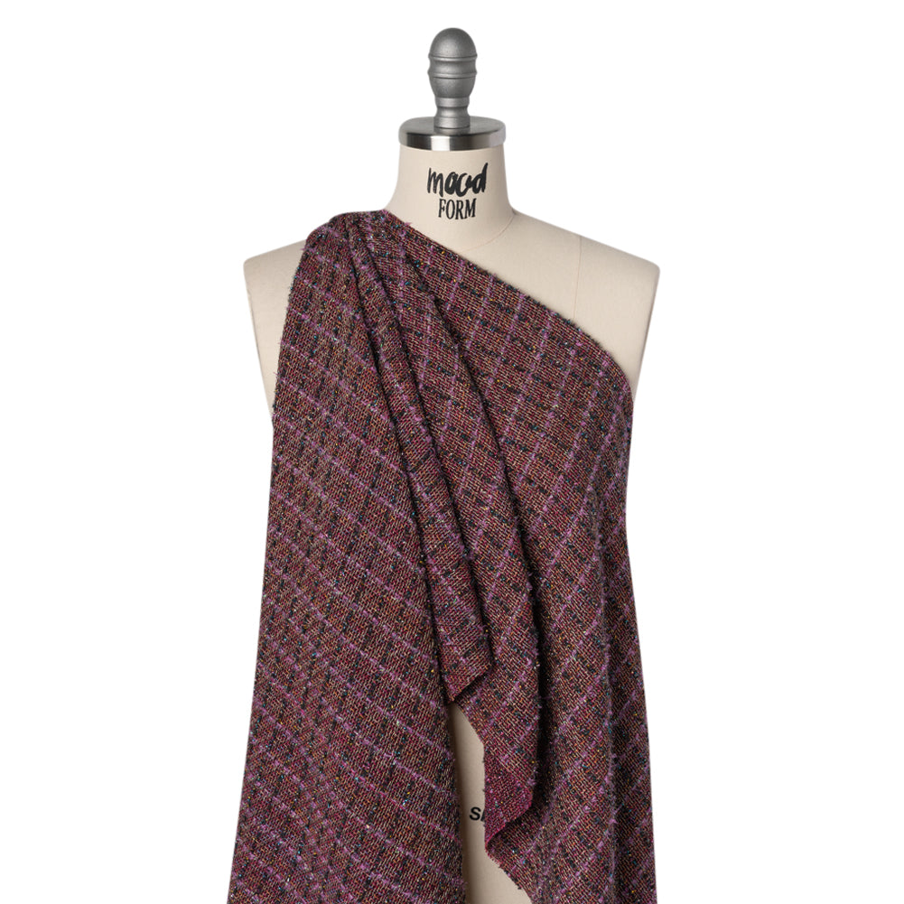 Metallic Wool Blend Tweed Woven with Eyelash Fringe Made in Italy - Purple, Black and Pink Checks - Deadstock - Drape
