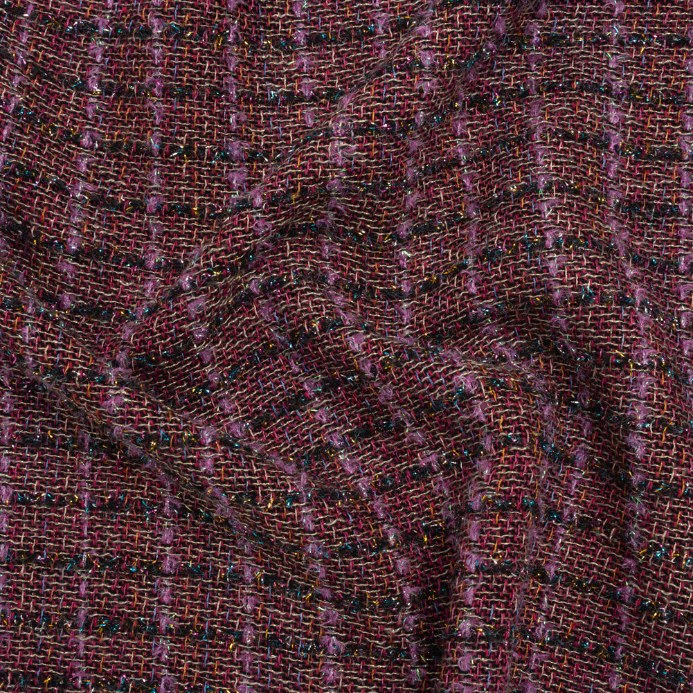 Metallic Wool Blend Tweed Woven with Eyelash Fringe Made in Italy - Purple, Black and Pink Checks - Deadstock