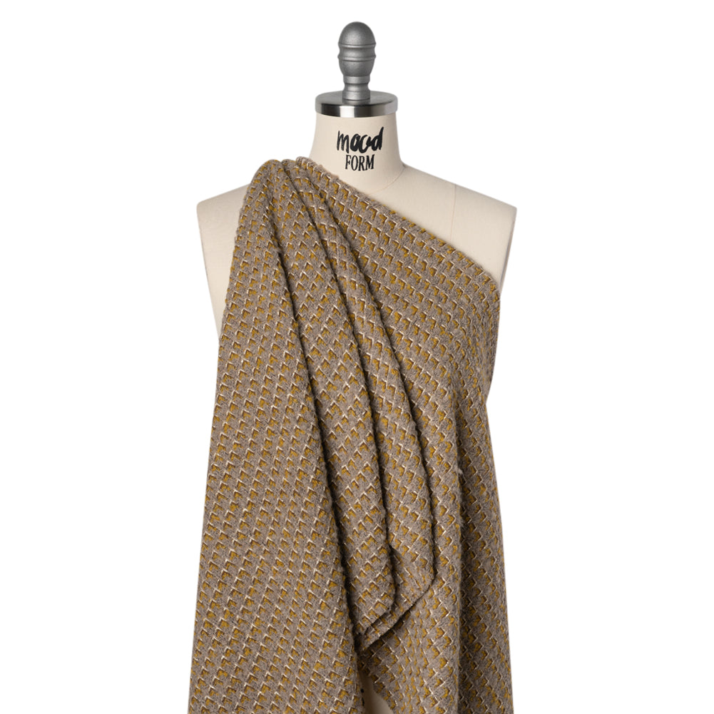 Metallic Wool Blend Tweed Twill Made in Italy - Beige, Yellow Ochre and Gold Zig Zags - Deadstock - Drape