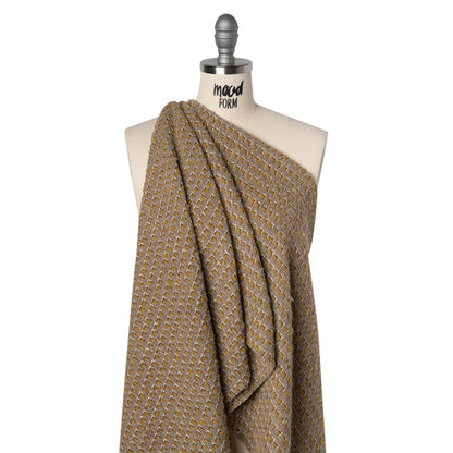Metallic Wool Blend Tweed Twill Made in Italy - Beige, Yellow Ochre and Gold Zig Zags - Deadstock